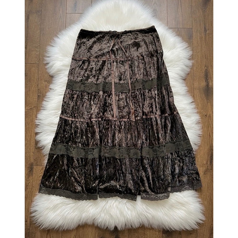 Fang Vintage Y2K Brown Crushed Velvet Tiered Midi Skirt Lace Whimsigoth Fairy S